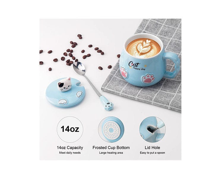 Ceramic Cat Mug with Lid and Spoon: Blue - Image 2
