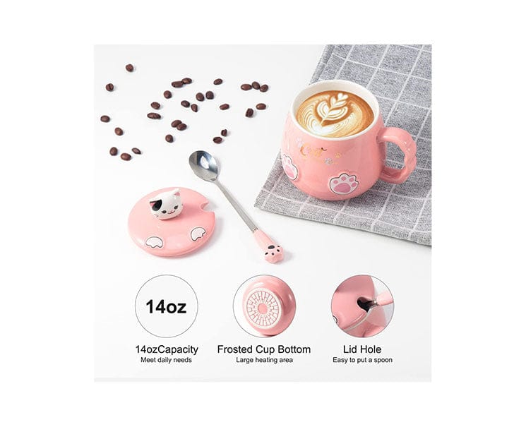 Ceramic Cat Mug with Lid and Spoon: Pink - Image 2