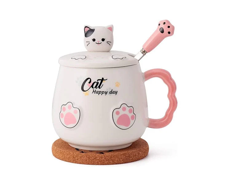 Ceramic Cat Mug with Lid and Spoon: White