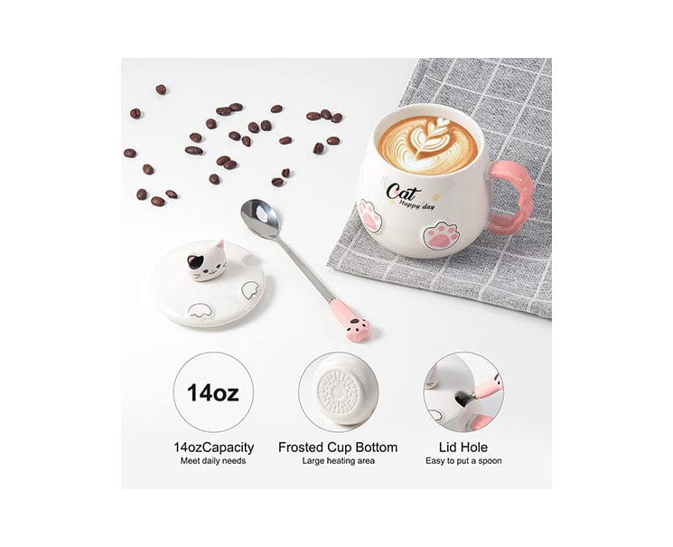 Ceramic Cat Mug with Lid and Spoon: White - Image 2